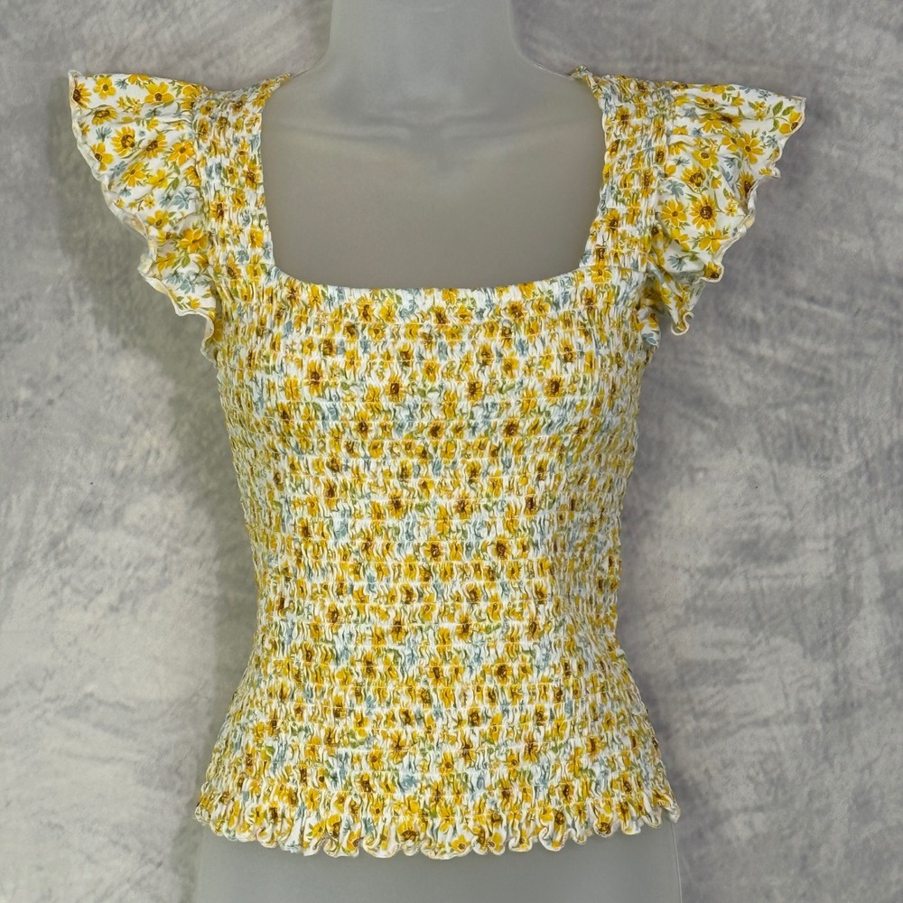 Sunflower Smocked Floral Flutter Sleeve Top Womens XL coquette festival country